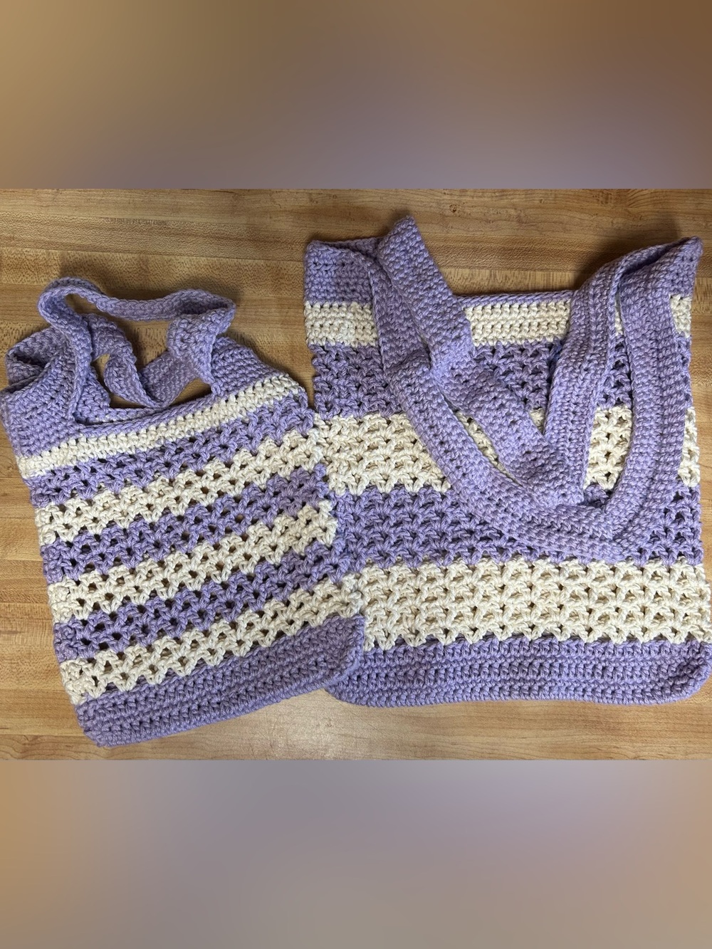 Handmade Lavender & Cream Mama & Me Crochet Market Bags